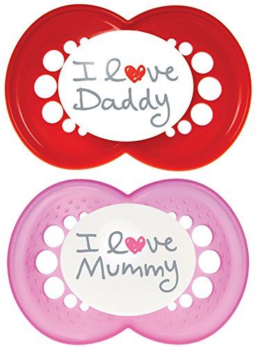 MAM Style I Love Mummy  and  Daddy Soothers with Sterilisable Travel Case (6 Months and Above, Red/Pink)