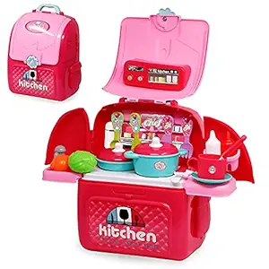 ZEKWON ENTERPRISE Kitchen Set for Kids Girls Cooking Set Pretend Play Toy with Water Tap Light and Sound Toy Battery Operated Kitchen Playset Birthday Gift for Girls (26 Pcs Kitchen School Backpack)