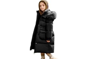 De feuilles Kids Girls Padded Winter Warm Coat Puffer Jacket Hooded Quilted Long Coat Drawstring Waist Outerwear with Faux Fur Trim