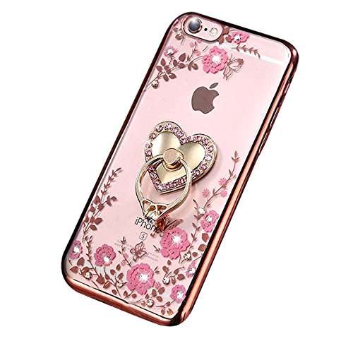 iPhone 7 Case,Ukayfe iPhone 7 Case [ with Love Heart Ring Grip/Stand Holder],Ultra Thin Clear TPU Bumper Case Cover for iPhone 7 4.7 inch, [Electroplating Technology] Pink Flower Butterfly Bling Glitter Diamond Transparent Rubber Rose Gold Plating TPU Soft Silicone Case Cover for iPhone 7 4.7 with 1 x Black Stylus