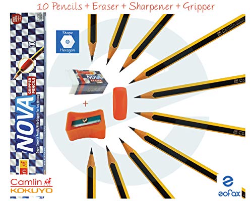 KOKUYO CAMLIN Super Smooth - 10 Wooden Pencils + Eraser + Sharpener + Gripper - Fast Writing