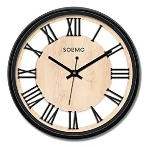 Amazon Brand - Solimo Roman Wheel 12-inch Plastic and Glass Silent Movement Wall Clock (Black)