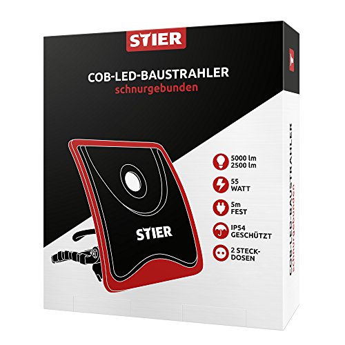 STIER COB-LED Baustrahler I 55W-COB-LED I 5000 Lumen I flexibler Standfuß I 2 Stromanschlüsse I Aluminiumdruckguss I transparente Linse I 8.4V 2A Netzteil - 4