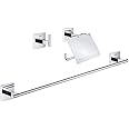 GROHE Start Cube 3-in-1 Bathroom Accessories Set - Robe Hook, Toilet Roll Holder with Cover, Towel Rail 558mm (Metal, with Screws and Dowels), Extra Easy to fit with GROHE QuickGlue, Chrome, 41124000