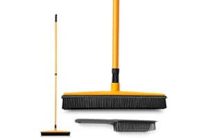 ONESAVE Rubber Broom & Pet Hair Remover Brush Set with Long Handle (122cm) | Soft Bristle Floor Sweeper with Built-in Squeegee | Dog & Cat Fur Remover for Carpet, Sofa, Floor, Indoor & Outdoor Cleaning