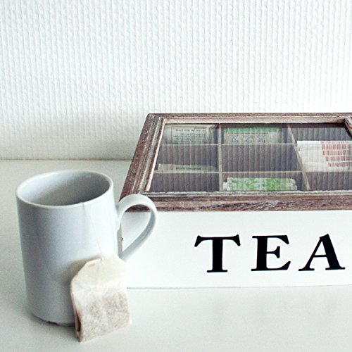 ToCi Teebox Holz Weiß mit 9 Fächern | Quadratische Teekiste Teedose Teebeutel Box Aufbewahrung | 24 x 24 x 8 cm (LxBxH) | „Tea Box“ im Vintage Look - 7