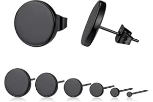 FOCALOOK Mens Stud Earrings 6 Pair/Set Stainless Steel/Gold/Black Plated Ear Studs 2-12mm, Flat Disc Earring for Women (Gift Box Send)