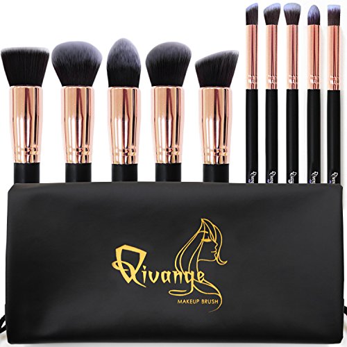 Qivange Makeup Brushes, Premium Synthetic Kabuki Make-up Brush Set Foundation Eyeshadow Blush Concealer Powder Brush Kit + Pouch ( 10pcs, Black with Rose Gold)
