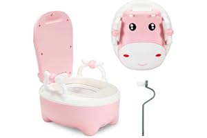 Jiubiaz Kinder Töpfchen, Baby Toilette Toilettensitz,Typ der Schublade Baby Potty, Toilettentrainer mit Griffe, Bürste, weiches PU-Kissen, Babytopf Anti-Spritzschutz, Cartoon Deckel（Rosa）
