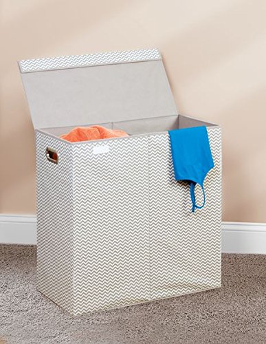 mDesign Wäschetruhe – Design Wäschekorb für Kinderzimmer, Bad oder Schlafzimmer – faltbar mit Fischgrätmuster und zwei Fächern – taupe/natur - 2