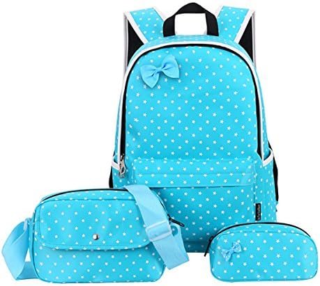 Moonwind Polka Dot 3pcs Kids Book Bag School Backpack Handbag Purse Girls Teen (Star-Blue)