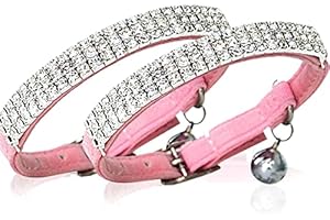 CHUKCHI Collar ajustable de terciopelo suave seguro para gatos, diamantes brillantes con campanas, 11 pulgadas para perros y gatos pequeños (rosa, paquete de 2)