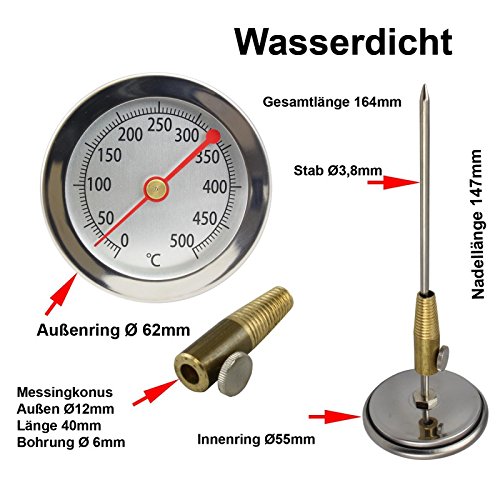 Edelstahl 500 °C Grad Thermometer Wasserdicht mit Messing Konus , Bratofen , Backofen , Pizzaofen , Holzofen , Holzbackofen , Ofenthermometer Analog und Bimetall - 2