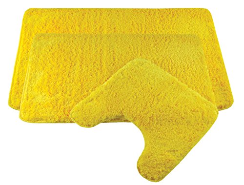 Designer Badematten 3er SPAR-SET | 3 x Flauschige Badvorleger 45 x 45 cm + 50 x 80 cm + 60 x 100 cm | Rutschfest & Waschbar | Geeignet für Fußbodenheizung & Badezimmer | Gelb | – MIT WC-AUSSCHNITT - 2