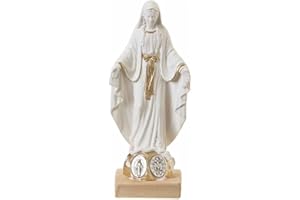 OVUNQUE PROTEGGIMI Estatua de la Virgen Milagrosa o Inmaculada Concepción 10 cm, en Polvo de mármol. Pequeña Figura de la Virgen, Medalla milagrosa de Metal.