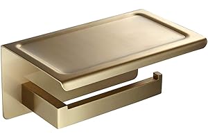 WOMAO Soporte de Papel higiénico Acabado en Oro Cepillado, Soporte de Papel en Rollo montado en la Pared con Soporte para teléfono móvil en Estante, Toda la construcción de Acero Inoxidable para baño