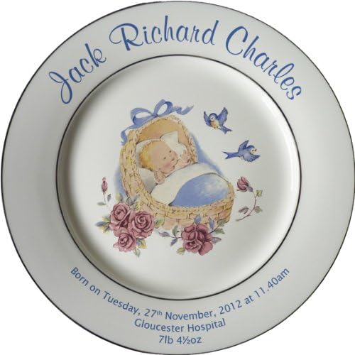 Personalised Christening Plate - Blue Cradle Design on a Plate with 2 Platinum Bands