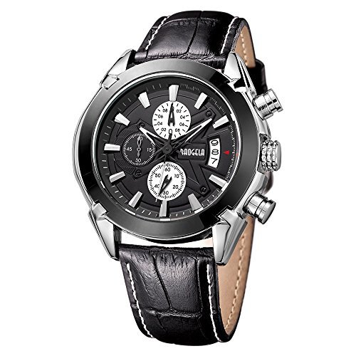 Baogela Black Dial Chronograph Army Miltary Black Sport Quartz Wrist Watch with Leather Strap
