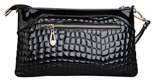QISHI YUHUA MD Womens Korean Version Of The Retro Spring And Summer Black Genuine Leather Patent Leather Clutch Purse Handbag Dinner