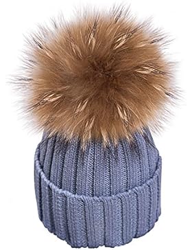 Yidarton Frauen Mädchen Strickmütze Pelzmütze Echt Große Waschbär Pelz Pom Pom Beanie Hüte Winter