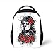 Produktbild Kids School Backpack Skull,Dead Hair Elegant Sugar Skull Lady Roses in Retro Ink Style,Red Black White Green Plain Bookbag Travel Daypack
