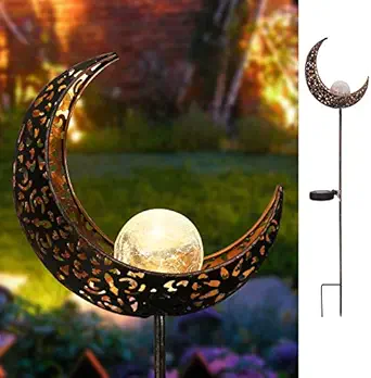 Epyz Solar Garden Lights ,Pathway Outdoor Moon Crackle Glass Globe Stake Metal Lights, Waterproof LED for Lawn,Patio or Courtyard [ Warm Yellow , Pack of 1 ]