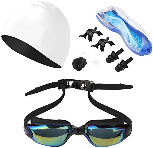 Lendoo Anti-fog Swimming Goggles with Silicone Swimming Cap, Comfortable Swim Goggles with No Leaking Crystal Clear Vision UV Protection for Men Women Children (Include Nose Clip Ear Plugs Case)