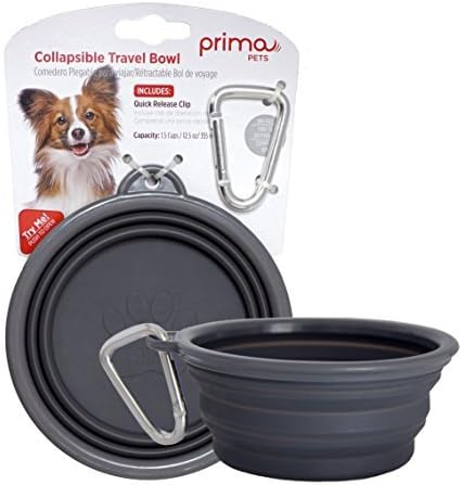 Prima Pet Collapsible Silicone Travel Bowl with Clip for Small &amp; Medium Dog and Cat - Portable and Durable Pop-Up Feeder, Size: 13 cm Diameter - Holds 12.5 oz Food or Water (GREY, SMALL)