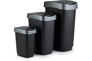 Rotho Twist Mülleimer-Set, 3 Stück, mit Klappdeckel, BPA-frei, schwarz/silber, 10L, 25L und 50L