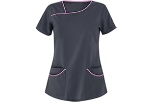 STPT Kasack Damen Einfarbig T-Shirts Pflege große größen Schlupfkasack mit Taschen Kurzarm Unregelmäßiger V-Ausschnitt Schlupfhemd mit Kragen Berufskleidung Krankenpfleger Uniformen