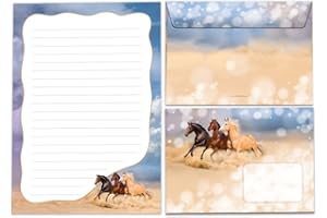 ‎JUNA-EXPERTEN Briefpapier-Set Briefblock in A5 mit Umschlägen Kindermotiv drei Pferde für Mädchen (Block A5 mit 25 Blätter + 15 Umschläge)