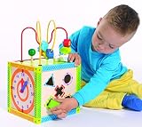 Eichhorn 100002235 – buntes Holz-Spielcenter, 20x20x36 cm – Motorik -inklusive Motorikschleife, Uhr, Motorikspiel, Drehspiel und 5 Steckbausteine - 5