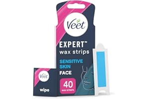 Veet Expert Facial Wax Strips for Women, 40 Count + 4 Finish Wipes, Sensitive Skin Remover with Almond Oil, Dermatologically Tested, Effective Face Solution