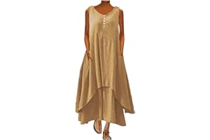 ZEIAYUAS Maxi Dresses Women Cotton Linen Casual Oversized Tunic Dress Sleeveless Vest Sundress with Pocket Boho Beach Long Dress A-line Solid Color Dress Baggy Summer Sundresses Plus Size 22