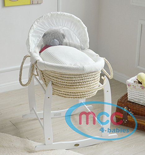 MCC Full Set Natural Palm Moses Basket With Cream Waffle Dressing 100% Cotton & Rocking Stand