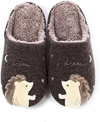 Couples Cotton Slippers Home Cartoon Hedgehog Embroidery Indoor Slippers Wooden Floor Waterproof Non-slip Winter Shoes ( Color : Brown , Size : XL )