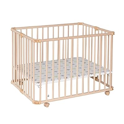 Geuther, Parc Lucilee +, 2261+, pliable, ajustable en hauteur, Bois, Naturel, Motif du fond: Etoiles, 76,2 x 97,4 cm