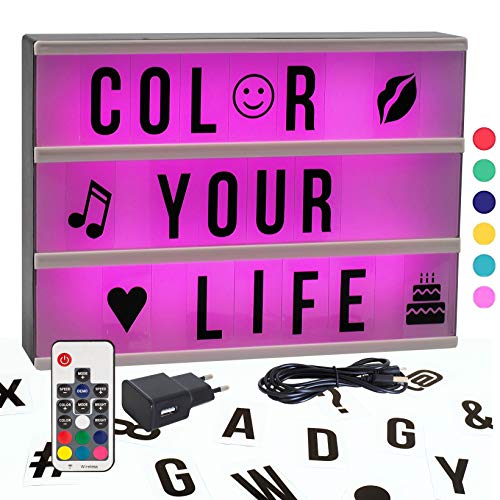 Gadgy ® Cinema LightBox Changement Couleur A4 Avec télécommande et Adaptateur | Special Vintage Boite Cinematographique | Enseigne Lumineuse LED | 85 Lettres Symbolos Emoji Chiffres