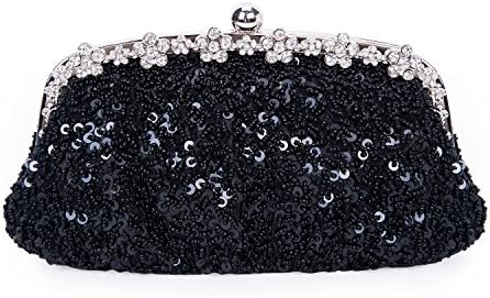 Baglamor Lady Shining Clutch Beaded Sequin Bag Bridal Clutch Black Handbags for Wedding (Black)