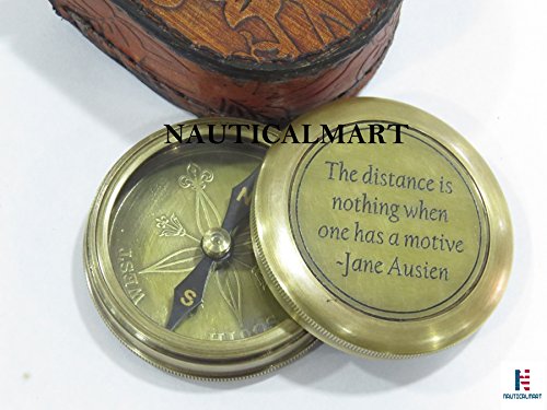 NauticalMart "The distance is nothing when one has a motive", Quote By "Jane Austen" Engraved Solid Brass Antique Compass W/Case - Case Pack 24