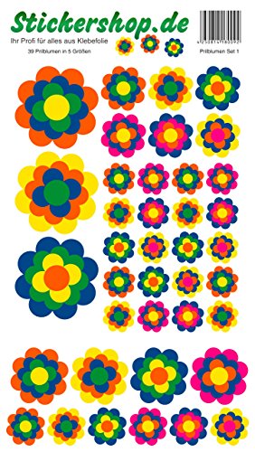 Prilblumen Set - 39 Aufkleber in 5 Größen, Retro Style 70er Jahre Kult, Wandsticker