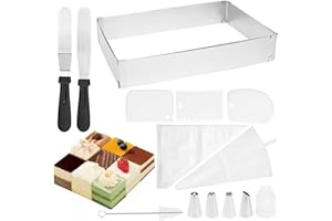 RUACDIQ Marco Rectangular para repostería, Marco Extensible para repostería con 2 espátulas y Boquilla Ajustable para repostería. Molde Cuadrado para Pasteles y Tartas Grandes y pequeñas.