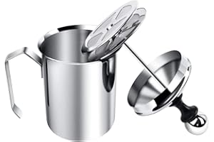 WANGZAIZAI Schaumbereiter, Edelstahl-manueller Milchaufschäumer, manuell betriebener Milchschaum-Maker, mit doppeltem Schaumbildschirm, für Cappuccino Kaffee Latte heiße Schokolade (400ML)