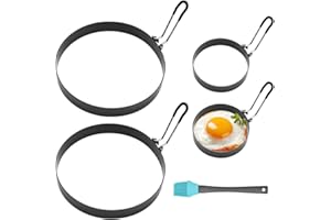 CAREDGO 4 Pezzi Stampo per Uova in Acciaio Inox Stampo per Pancake Grande Formine per Uova al Tegamino Formine per Pancake Antiaderente con 1 Pennello ad Olio per Cucinare Uova Fritte Muffin (9cm/5cm)