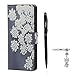 Produktbild Huawei P8 Lite 2017 Hülle, Huawei Nova Lite Schutzhülle Leder Hülle, Alfort 3 in 1 Flip Wallet Fashion Design Dual Use Falten Premium PU Leder Tasche Case Cover Folio Mappen Kasten Abdeckung für Huawei P8 Lite ( 2017 ) / Huawei Nova Lite 5.2" Smartphone Funktion Unterstützte Telefone mit Weiße Blumen ( Lila ) + Netter Staub Stecker + Alfort Schwarz Stylus Pen