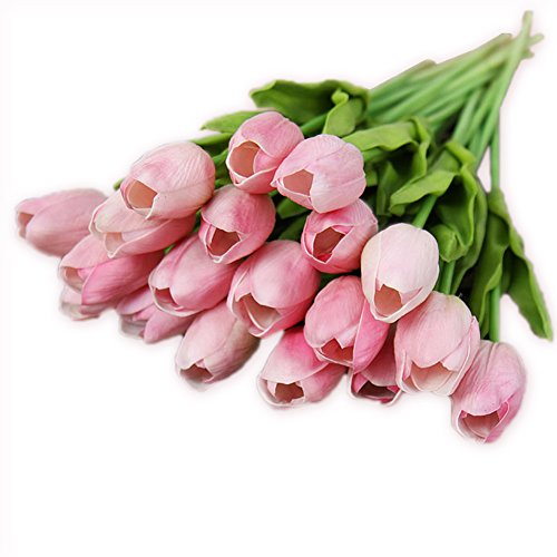 20 Stück JUYUAN-EU Tulpe künstliche Blumen mit Blätter Dekoriere Kunstblumen Latex Real Touch Bridal Wedding Bouquet Home Decor Hell Rosa