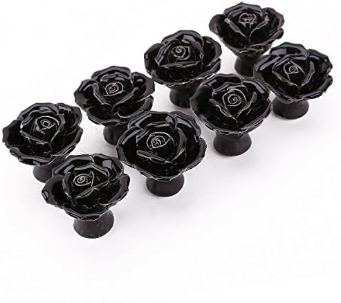 MITE Ceramic Vintage Floral Rose Cupboard Door Knobs Handle Drawer Kitchen + Screw 8PCS (Black)