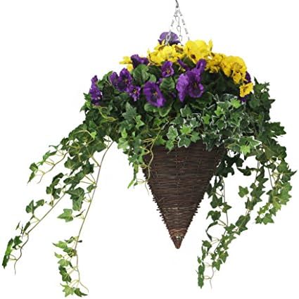 Closer2Nature Artificial Yellow and Purple Pansy Display in a 12" Cone Willow Hanging Basket - Artificial Bedding Plug Plant and Display Range