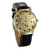 JewelryWe Herren Armbanduhr, Retro Analog Quarz Business Casual Skelett Uhr mit Schwarz Leder Armband und Gold Rund Römischen Ziffern Zifferblatt