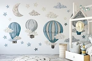 BelleImpression Hot Air Balloon Wall Stickers for Nursery Wall Decor, Removable Wall Decal Cloud Stickers for Kids Bedroom, Living Room, playroom - Blue Large